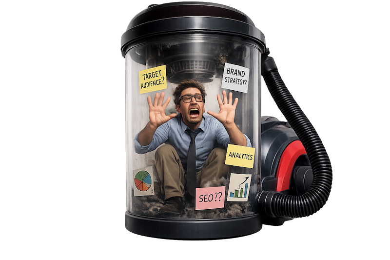 A panicked marketer trapped inside a vacuum cleaner canister surrounded by marketing sticky notes