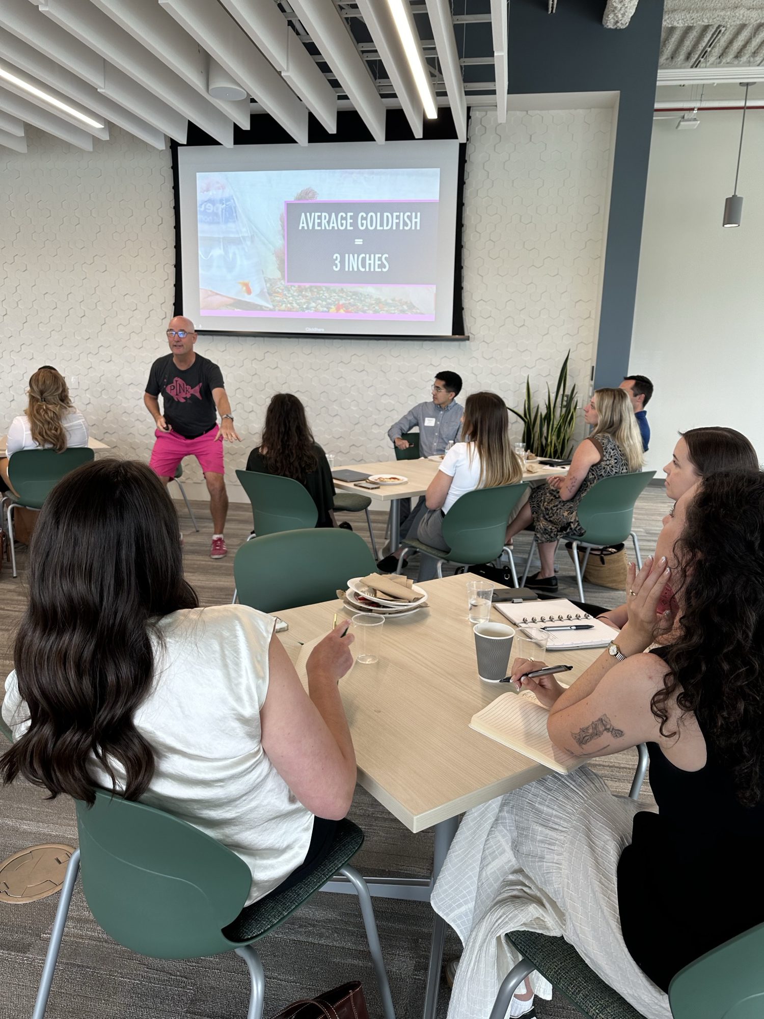 Stan Phelps presenting a Pink Goldfish slide to a room of marketers