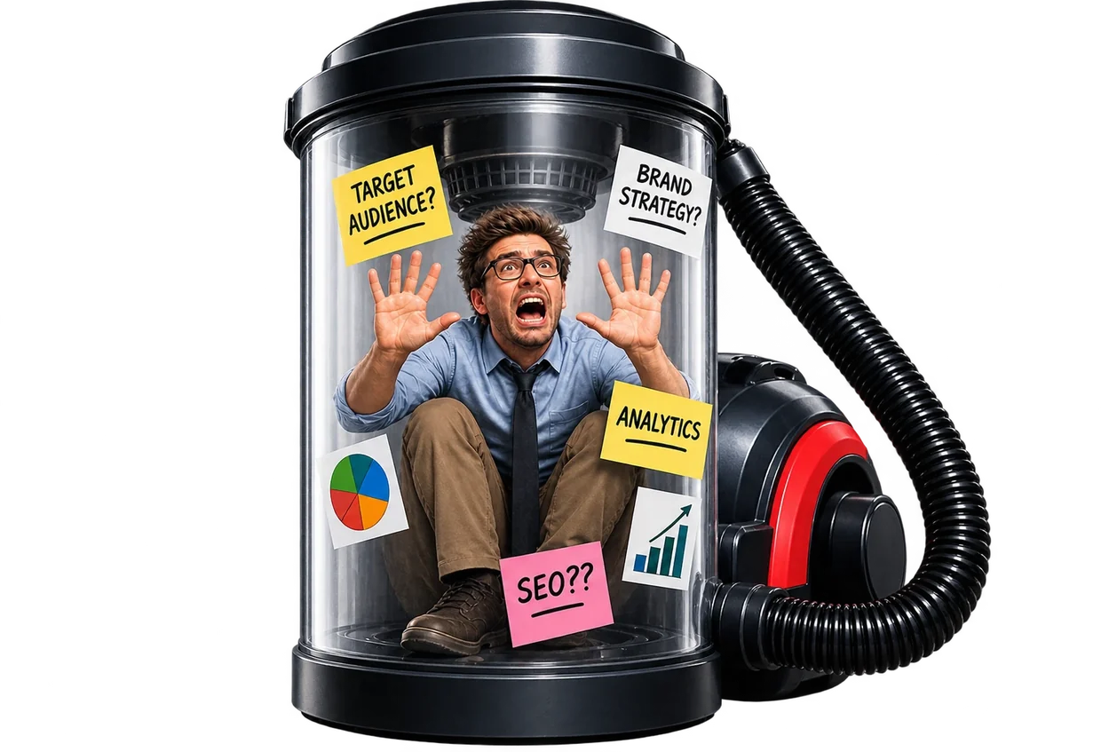 A panicked marketer trapped inside a vacuum cleaner canister surrounded by marketing sticky notes